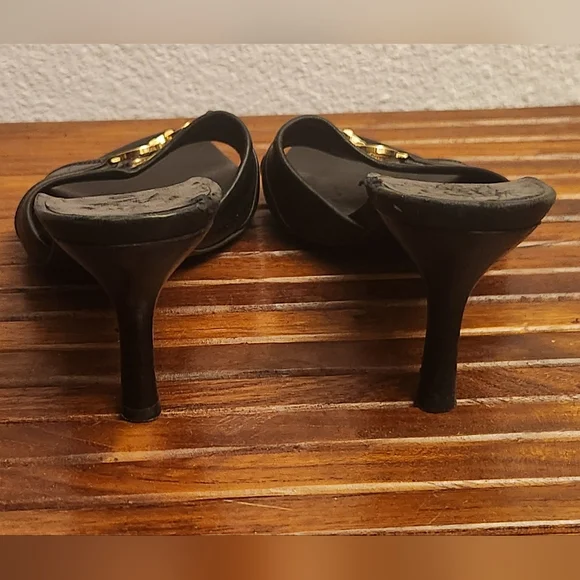 Escada Black Leather Heels with Gold Accent - Picture 6 of 12